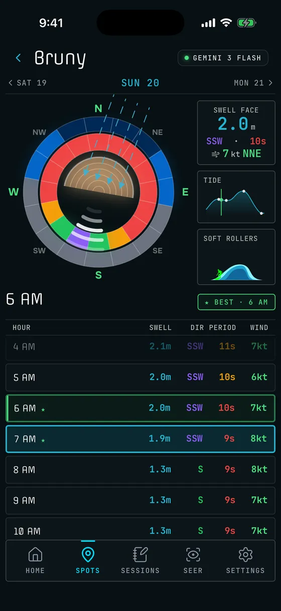 Day view: wave height, best window, and the conditions for each hour.