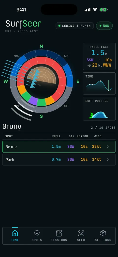Home: today's prediction for your spot, with wave height, tide and your spot list.