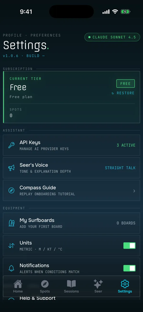 Settings — your API keys, Seer's voice, your boards, your plan.