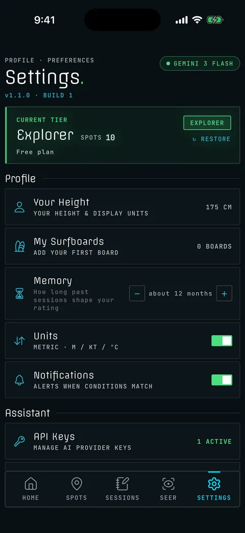 Settings: API keys, narration style, surfboards and plan.